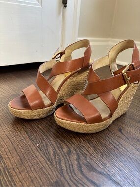 Michael Michael Kors Brown Leather Espadrille Wedge Sandals